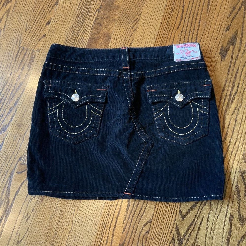 Y2K 2000s True Religion Black Dark‎ Navy Corduroy Mini Skirt Womens Medium 28